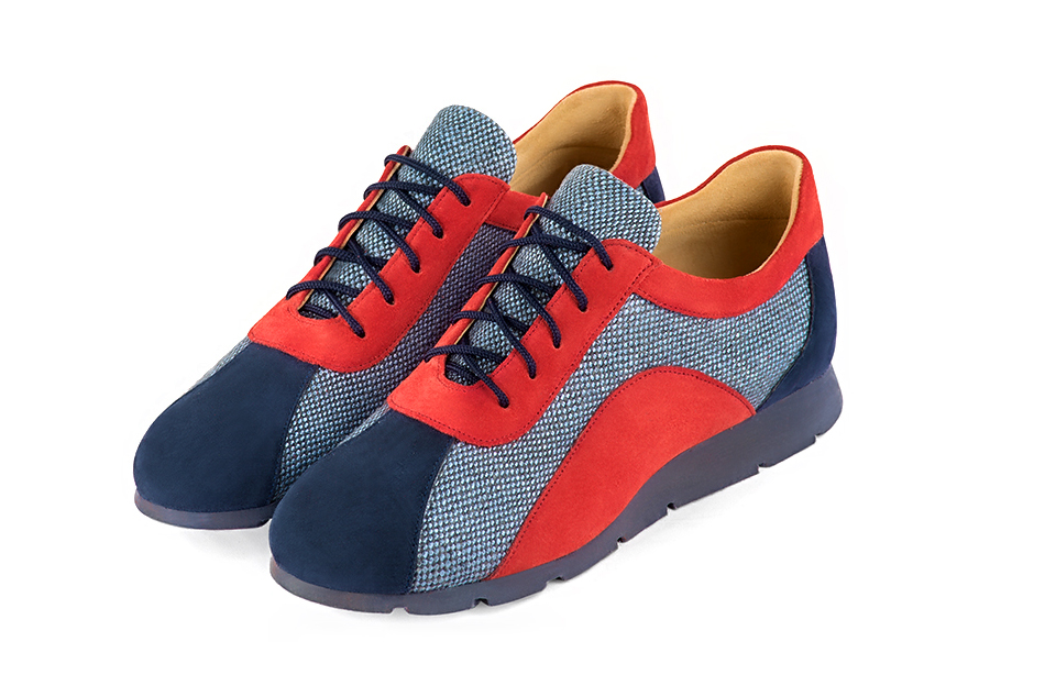 Navy blue and scarlet red women's three-tone elegant sneakers. Round toe. Flat rubber soles. Front view - Florence KOOIJMAN
